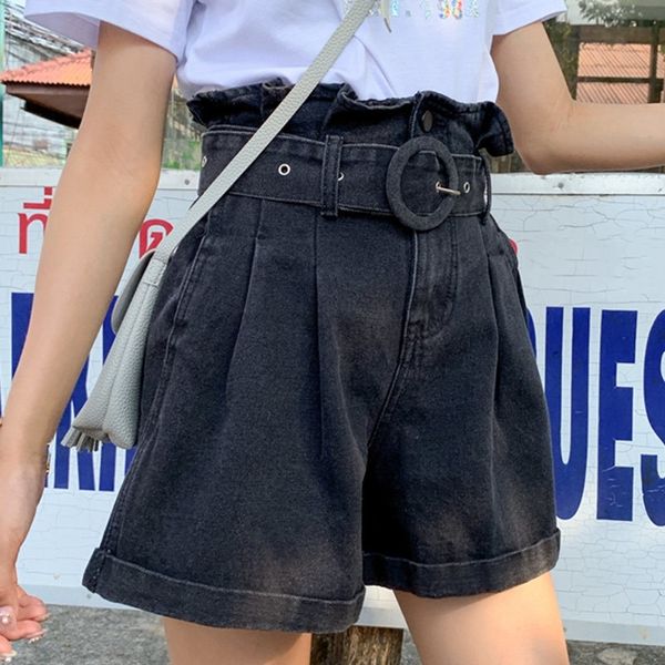 

women high waist plus size ruffles denim shorts pleated wide leg belt black short summer loose fashion jeans clothing lady y200822, White;black