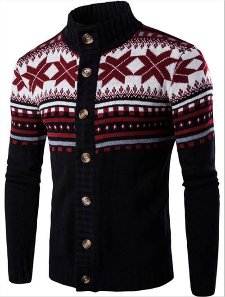 

e-baihui autumn winter new christmas printed sweater casual men's knitted cardigan stand-up collar long-sleeved jacket 1800-8873, White;black