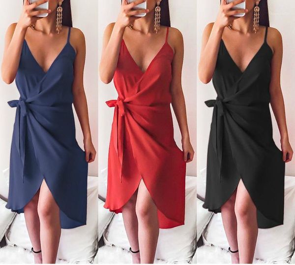 

uguest women solid dress sleeveless deep v-neck sashes summer knee-length loose a-line dresses black blue red1, Black;gray