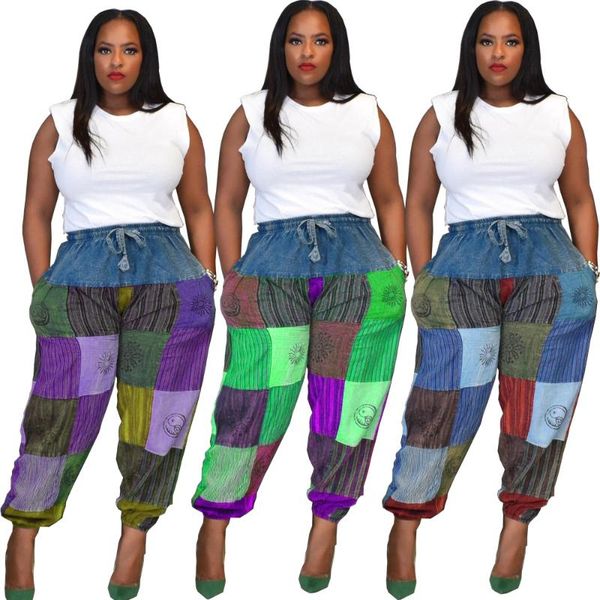

cq090 fashionable personality loose women's clothing plus size women's clothing denim imitation cotton printing stitching pants, Black;white