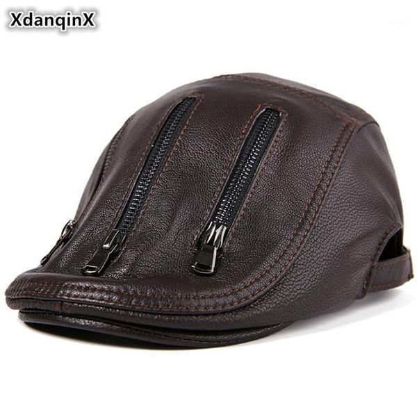 

xdanqinx novelty men's genuine leather hats sheepskin leather berets fashion personality middle-aged tongue snapback hat1, Blue;gray