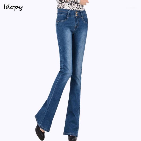 

idopy women`s wide leg denim pants stretchy high waist elastic slim fit long classic office jeans for female plus size1, Blue