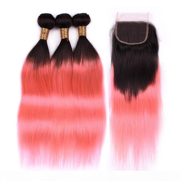 

#1b pink ombre straight malaysian virgin hair 3bundles and closure 4pcs lot black to pink ombre human hair weaves with 4x4 lace closure