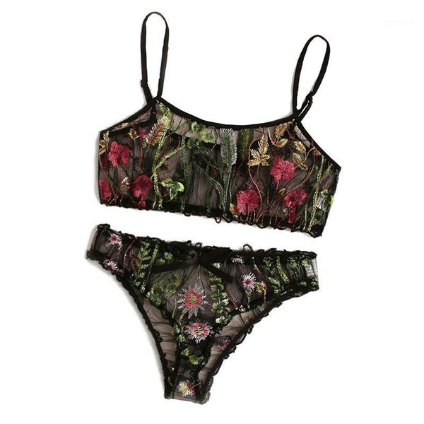 

women's lingerie set floral embroidered sheer mesh bra + panty 2 piece nightwear set1, Red;black