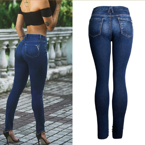 

2020 autumn winter new fashion ripped blue jeans leggings high waist nail bead elastic design fashion the streets wet y1214