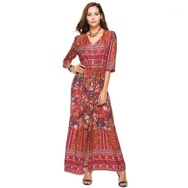 

elegant beach tunic dress women 2020 long sleeve v neck floral print vintage maxi split dress summer sundress boho robes1, Black;gray