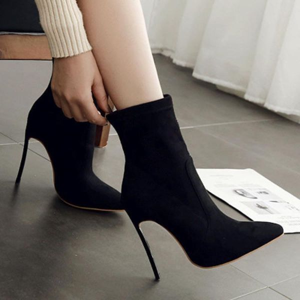 

boots winter flock womens pumps business female warm pointed ankle party wedding fashion thin heeled lady footwear, Black