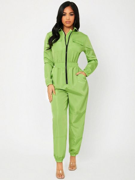 

collared zip up flap pocket front wind jumpsuit s4e9#, White
