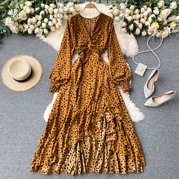 

2021 new singiny fringe design frilly girl neck puff the line dressed autumn fashion streetwear dot long dress sjbe, Black;gray