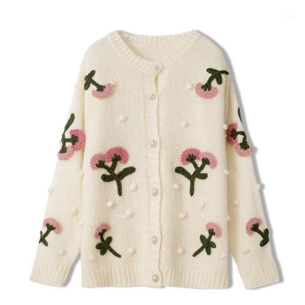 

vintage cardigan women warm color sweater coat fall winter knitted cardigan o-neck single breasted flower embroidery sweaters1, White