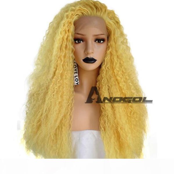 

anogol synthetic lace front wig yellow hair yaki kinky curly wigs for women, Black