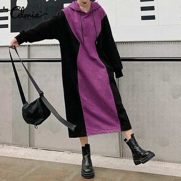 

casual dresses celmia winter women's sweatshirt dress autumn long sleeve color patchwork kaftan hoodies loose pockets midi robe, Black;gray