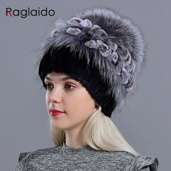 

women's natural mink fur hat fox pompom rabbit flowers stylish warm fashion girls real fur winter hat knitted y200102, Blue;gray