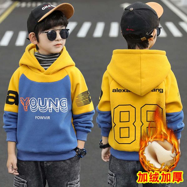 

wtern boys' autumn and winter cloth children's sle hooded plush sweater thickened base coat 2020 new warm fashion, Black