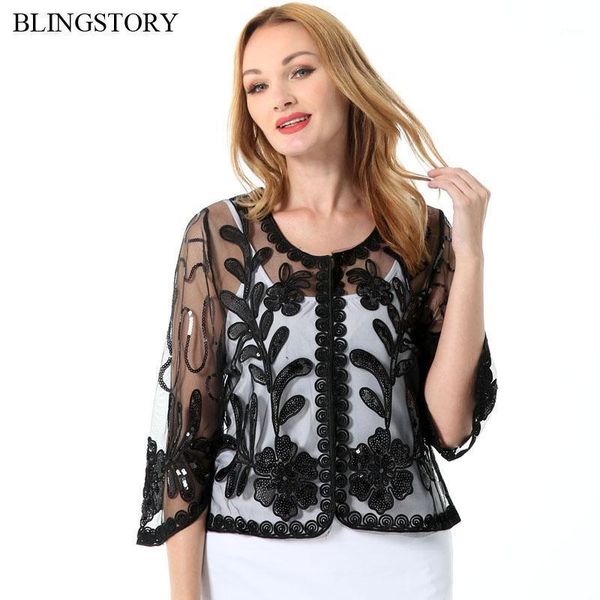 

blingstory elegant floral embroidery jacket women small cape shawl long sleeve autumn outwear sequin casaco feminino1, Black;brown