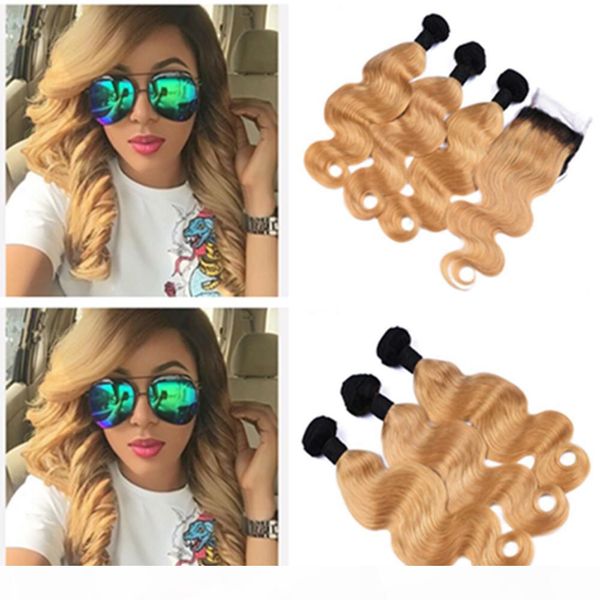 

strawberry blonde ombre brazilian human hair weaves with closure body wave 1b 27 honey blonde 4x4 lace closure with 3 bundles extensions, Black