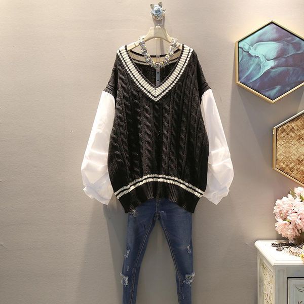 

tvvovvin 2019 spring autumn new pattern v-collar long sleeve fake two piece knitting pulloveres casual sweater women x8351, White;black