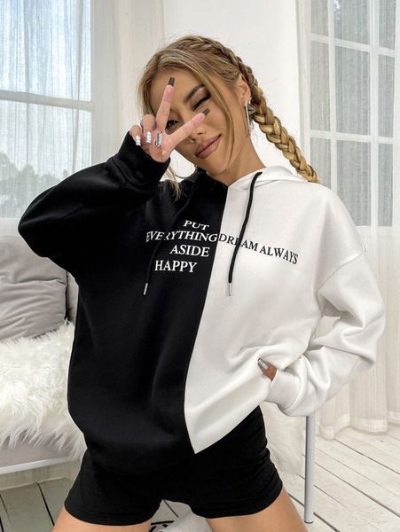 

two tone slogan graphic drop shoulder drawstring hoodie g40p#, White;black