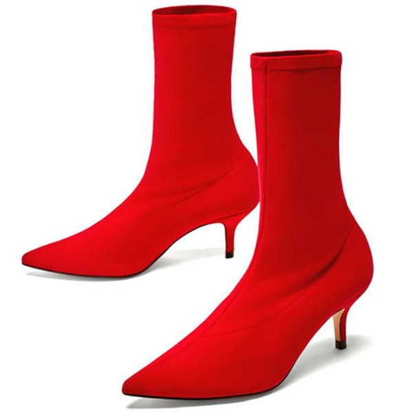 

spring new mid-tube stiletto high heels ankle boots pointed toe stretch boots women fashion party shoes women botines mujer, Black