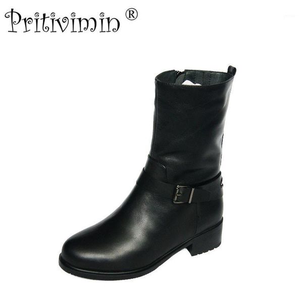 

boots 2021 female winter warm real fur lined shoe woman thick low heel short ladies genuine leather footwear pritivimin fn721, Black