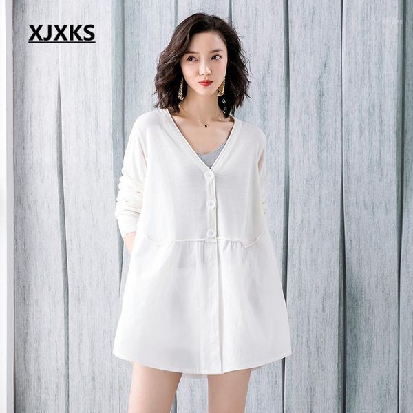

xjxks fashion v-neck stitching women long cardigan 2020 spring new comfortable casual wool knitted cardigan women sweater1, White