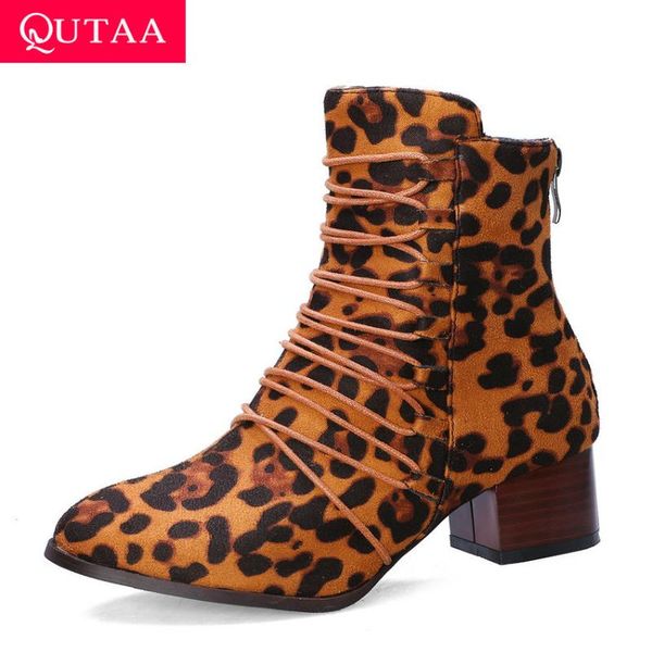 

boots qutaa 2021 square high heel round toe zipper winter leisure women shoes elastic band flock fashion leopard ankle size34-43, Black