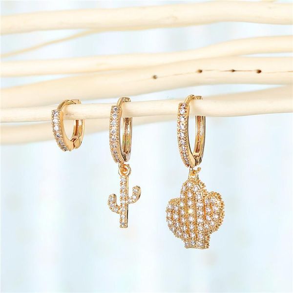 

3pcs korea new fashion zircon hoop earrings set for women simple cute shiny crystal cactus small stud earrings jewelry gift, Golden;silver