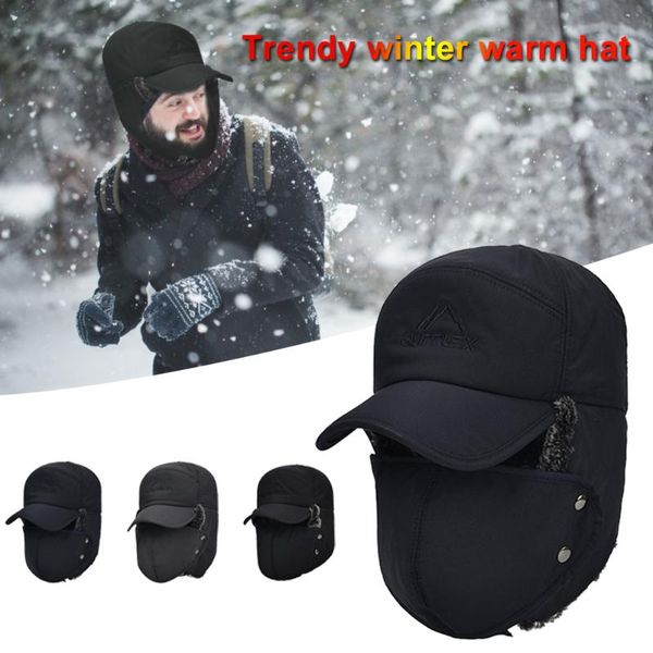 

trend winter thermal bomber hats men women fashion ear protection face warmer windproof ski cap velvet thicken couple fur hat, Black