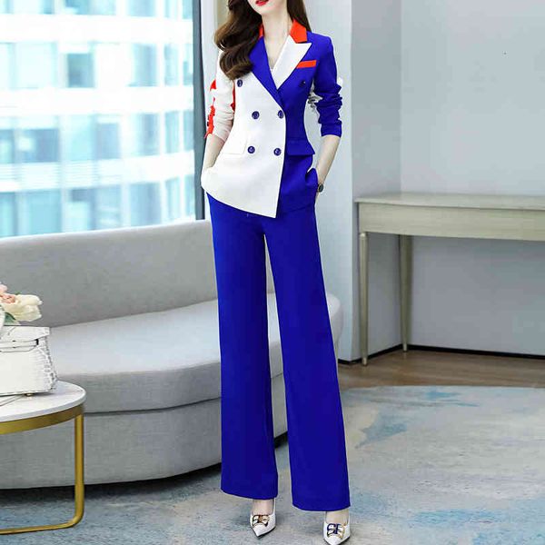

women's two piece pants women 2 set coats spring autumn double breasted korean lady elegant casual patchwork blazer wide leg straight p, White