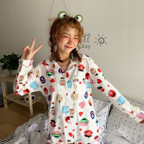 

оптовая продажа пользовательских пижамов женщин весна, осень и зима тонкий хлопок с длинными рукавами корейский свежий кардиган из двух част, White