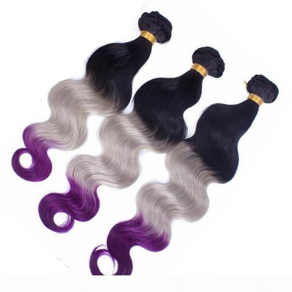 

body wave peruvian human hair 1b grey purple ombre weave bundles 3pcs dark roots grey purple 3tone ombre human hair wefts mixed length, Black;brown