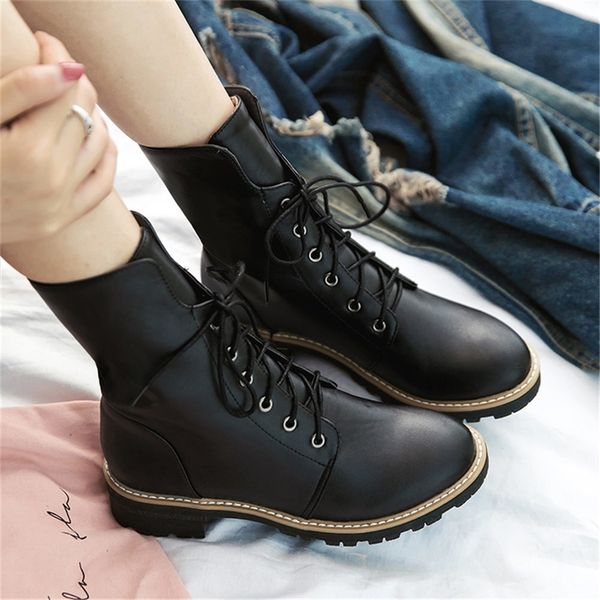 

sarairis plus size 43 leisure square heels shoelaces ankle boots women's shoes autumn boots female shoes woman t200425, Black