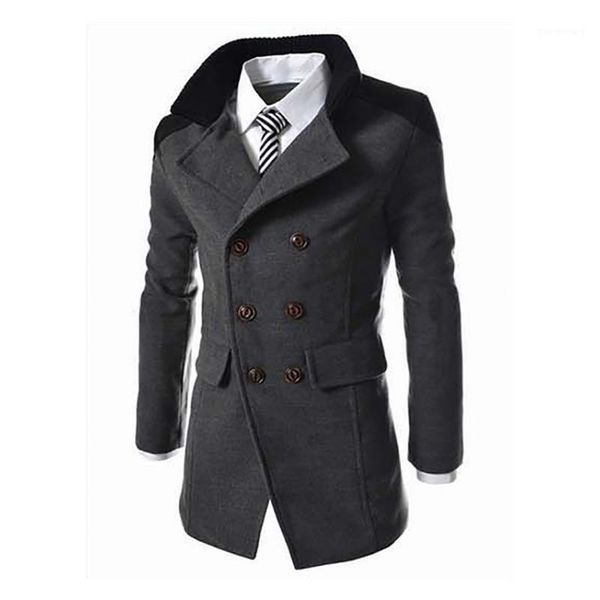 

new english style jackets for men autumn winter mandarin collar wool blend double breasted coat thick overcoats1, Black