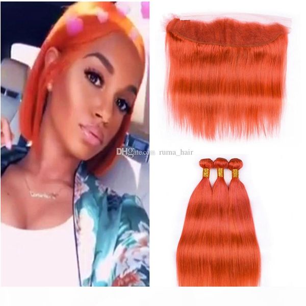 

orange human hair weft with lace frontal closure 13x4 part malaysian virgin human hair 8a straight hair bundles with lace frontal, Black;brown