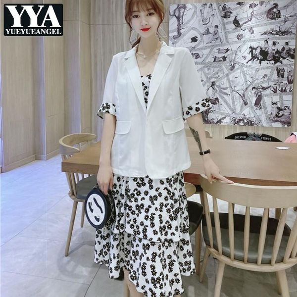 

two piece dress women summer chiffon straps ruffles mid calf long blazer set floral printed ladies casual outfits plus size1, White