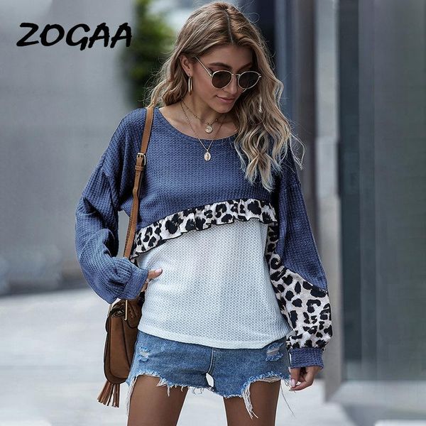 

women's sweaters zogaa sweater women pullover fall winter solid stitching leopard printed chic long-sleeved o-neck casual trendy, White;black