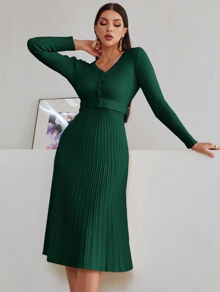 

ribbed knit pleated belted sweater dress k8le#, Black;gray