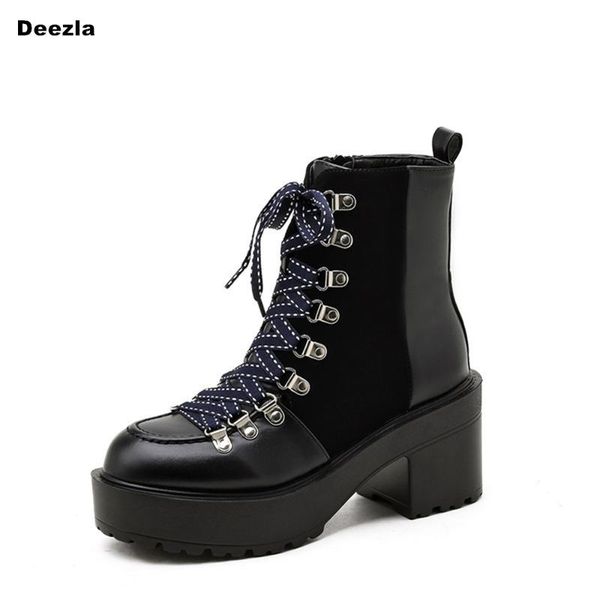 

deezla 2021 british style round toe women ankle boots metal buckles flock mixed pu female short boots autumn winter ladies shoes, Black