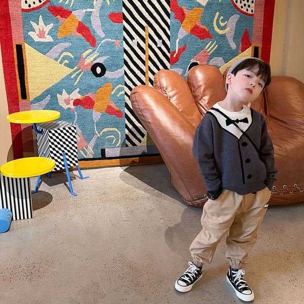 

sweater 2020 fashion new children's brand loose casual cartoon bow tie gentleman's crew neck, Blue