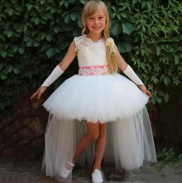

high low flower girls' dresses for wedding party sleeveless applique tulle sash kids birthday gowns, White;blue