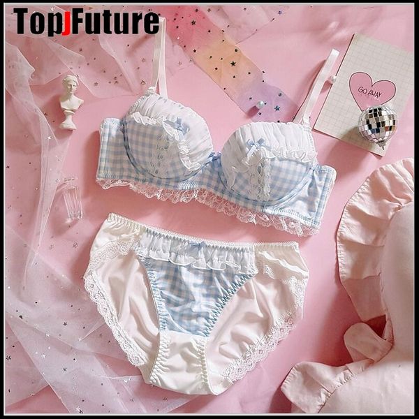 

plus size japanese underwear lovely girl sweet blue plaid bubble lace with steel ring, thin large gathered bra suit c1211, Black;white