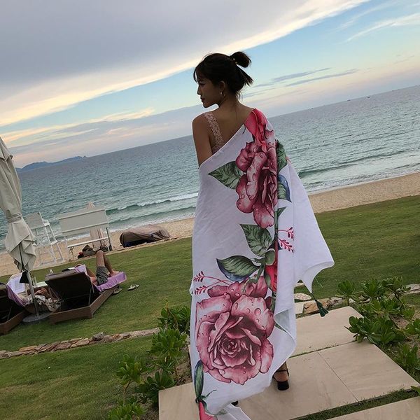 

runmeifa 2019 fashion summer rose print cotton scarf for women long soft wraps and shawls beach hijab female foulard bbywwj, Blue;gray