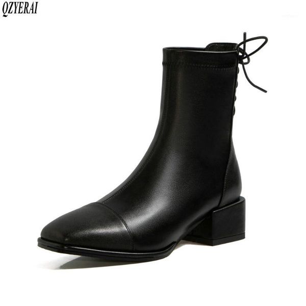 

qzyerai 2020 new winter genuine leather women boots fashion female boots keep warm square head women shoes size 34-421, Black