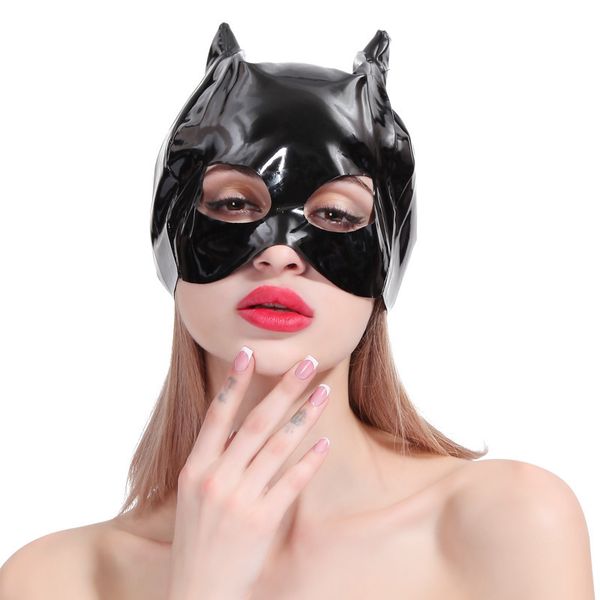 

2021 latest pu wet cosplay black catwoman look leather prop half face hood open eyes games slave erotic mask new
