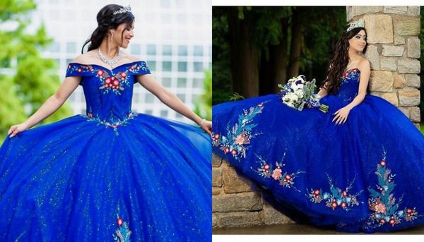 

glitz sequined tulle royal blue quinceanera prom dresses long off shoulder lace evening formal gowns sweet 16 party puffy vestidos de dress, Blue;red