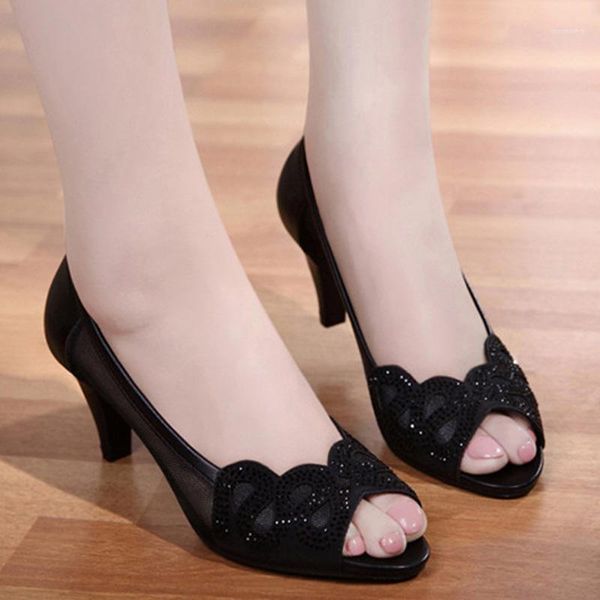 

woman sandals 2021 summer fish mouth shoes high documentary genuine leather shoes shallow mouth with joker with sandals1, Black