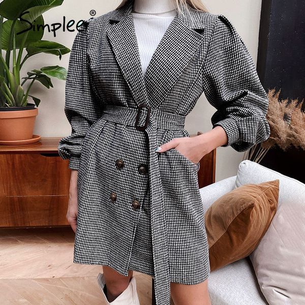

simplee women's notched collar dress coat black plaid with puff sleeve and belt elegant classic casual look spring autumn winter lj2011
