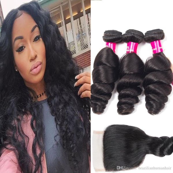 

brazilian peruivan malaysian indian virgin hair 3 bundles with lace closure 100% unprocessed body wave straight loose wave human hair weave, Black;brown