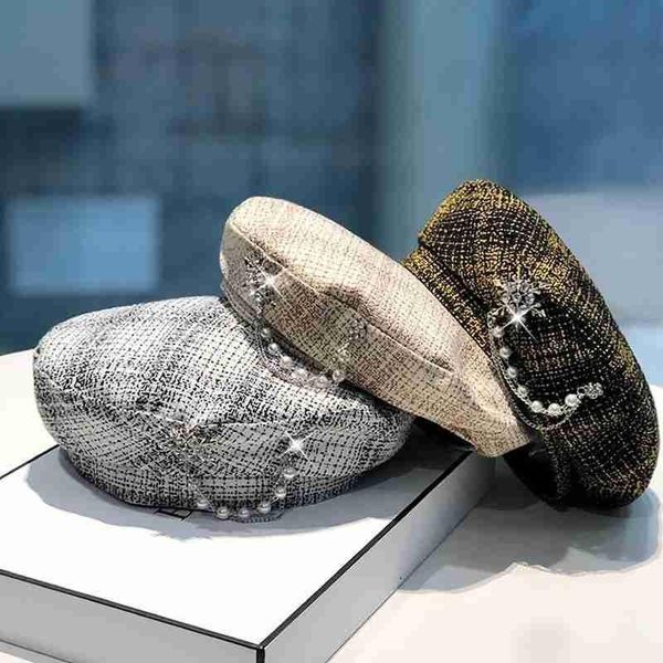 

pearl rhinestone plaid beret hat autumn winter artist hats outdoor breathable caps warm winter women girls elegent hat gifts, Blue;gray