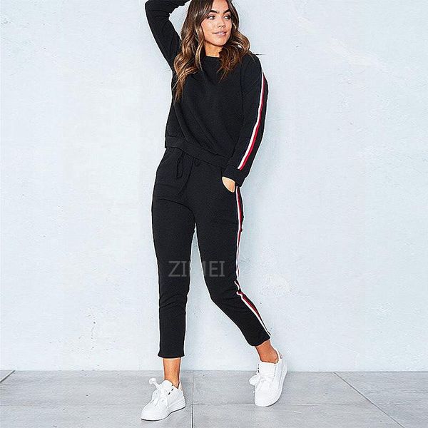 

oln 2020 2pcs women ladies tracksuit crop hoodies sweatshirt pants sets long-sleeved suit casual sportswear, Gray